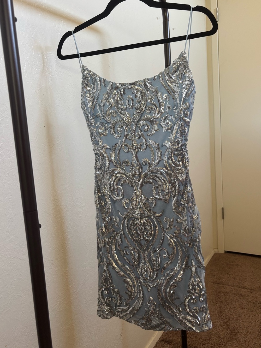 Windsor Light Blue Mini Dress with Silver Sequin Embroidery